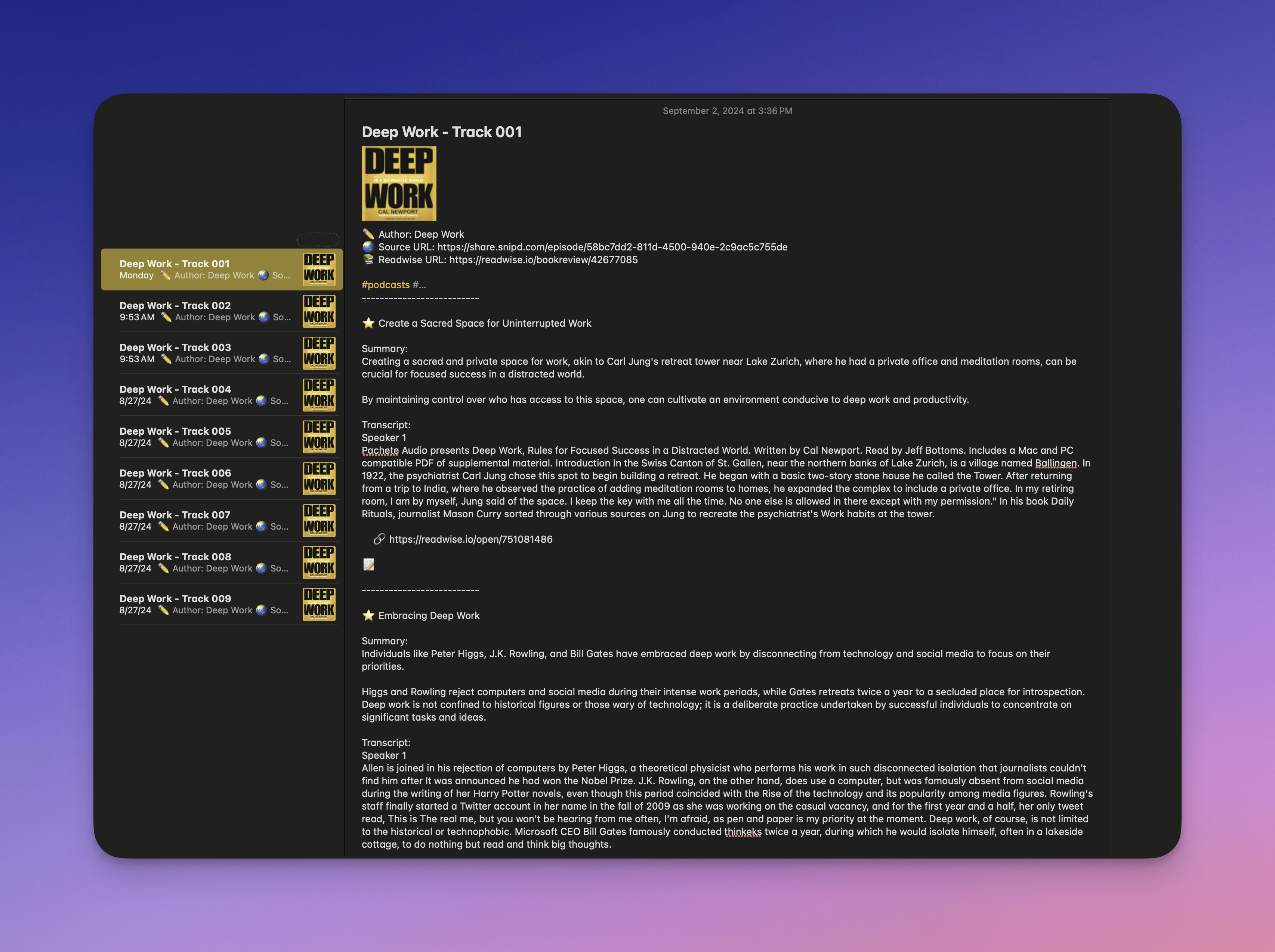 Deep Work Separated into Nine Tracks in Apple Notes